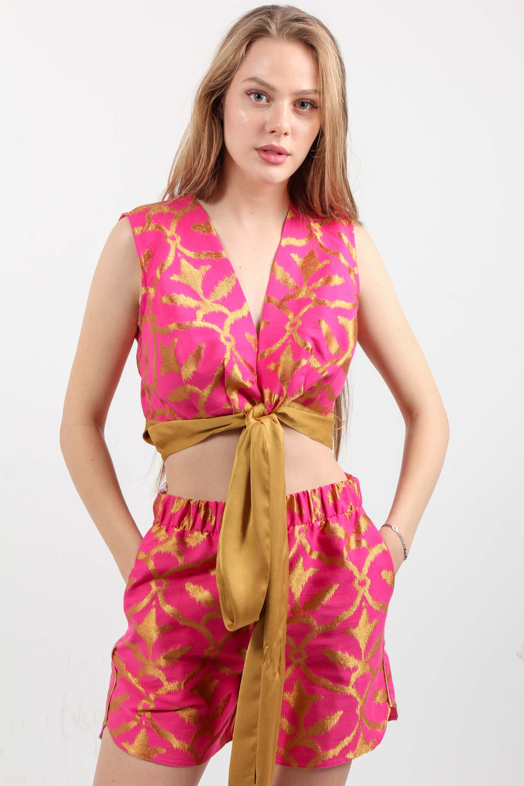 BROCADE SATIN TIE TOP